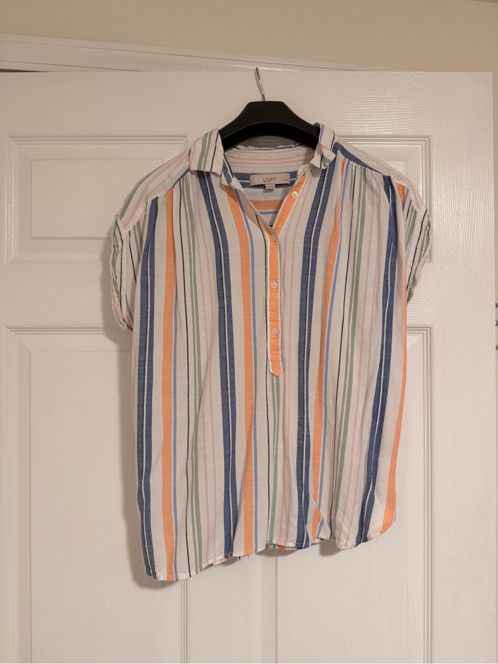 LOFT Short-Sleeve Button Down Top in White with Blue, Orange & Green Stripes